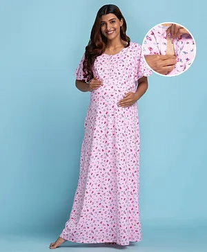 Bella Mama Half Sleeves Cotton Maternity and Nursing Nighty Floral Print - Pink