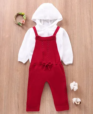 Babyhug Full Sleeves Woollen Romper & Hooded T-Shirt - Red