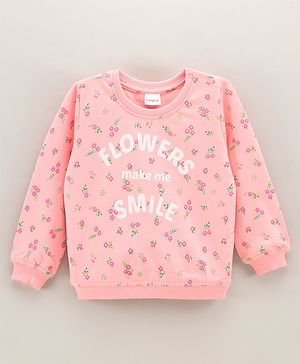Babyhug Full Sleeves Knit Sweatshirt With Graphics & Floral Print- Peach