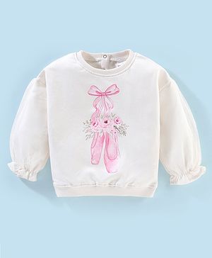 Babyhug Full Sleeves Sweatshirt With Bow and Flower Graphics & Mesh Detailing - Off White