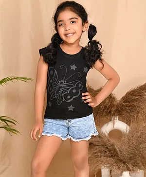 Kids Cave Cap Sleeves Butterfly Printed T Shirt - Black