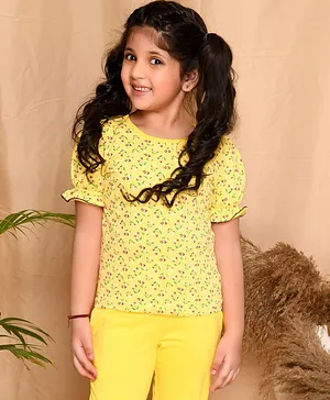 Kids Cave Puff Sleeves Floral Printed T Shirt - Yellow