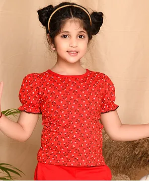 Kids Cave Puff Sleeves Floral Printed T Shirt - Red