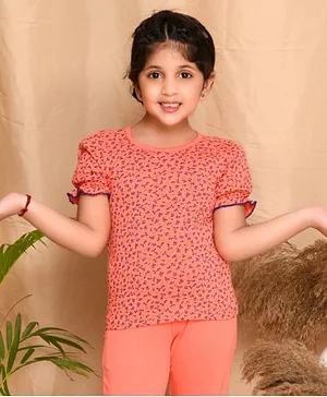 Kids Cave Puff Sleeves Floral Printed T Shirt - Orange