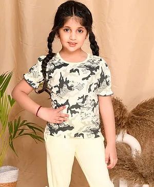 Kids Cave Puff Sleeves Abstract Printed T Shirt - Beige