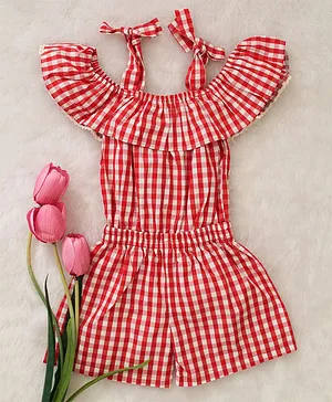 Woonie Cap Sleeves Gingham Chequered Romper - Red & White
