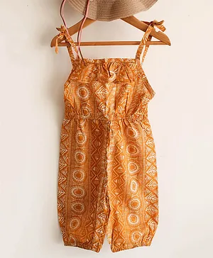 Woonie Shoulder Tie Up Sleeveless Abstract Motifs Printed Jumpsuit - Yellow