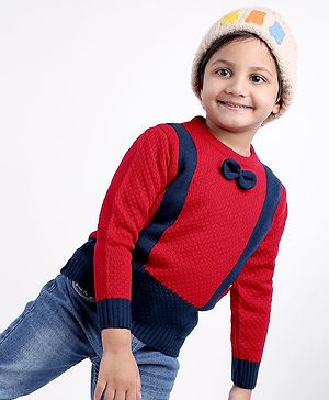 Babyhug Cable Knit Full Sleeves Pullover Sweater with Bow Colour Block - Red and Blue