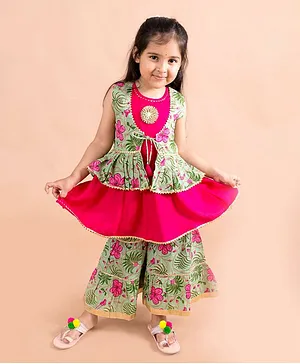 LIL PITAARA Sleeveless Embellished Solid Top And Floral Printed Sharara With Printed Jacket - Pink Green