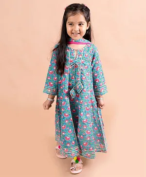 LIL PITAARA Full Sleeves Floral Print Anarkali Dress With Dupatta - Blue