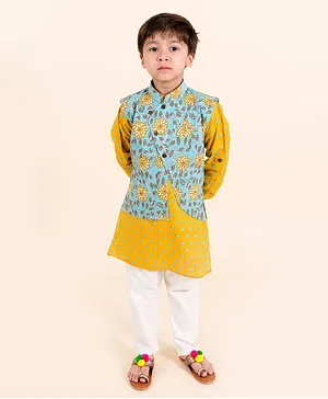 LIL PITAARA Full Sleeves Polka Print Kurta And Pyjama With Floral Print Jacket - Yellow