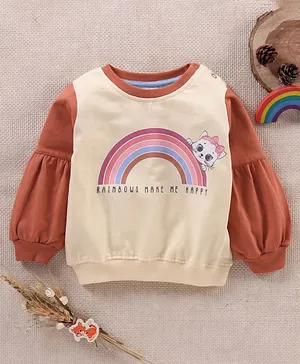 Babyhug Full Sleeves Sweatshirt Rainbow Print With Balloon Sleeves - Brown
