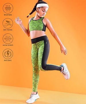 Pine Active Sleeveless Printed High Stretch Sports Bra & Leggings - Black Green