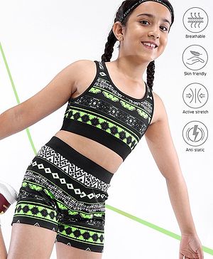 Pine Active High Stretch Breathable Sports Bra And Shorts Set Printed - Black Green