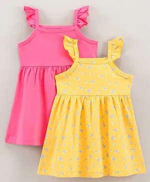 Doodle Poodle Sleeveless Frocks Floral Print Pack of 2 - Yellow Pink