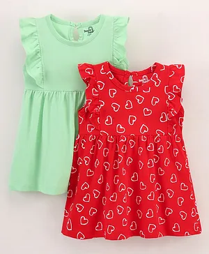 Doodle Poodle Sleeveless Frocks Heart Print Pack of 2 - Red Green