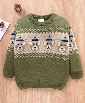 Babyhug Full Sleeves Sweater Monkey Design- Olive