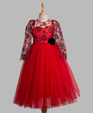 Toy Balloon Full Sleeves Full Length Glitter Flower Print And Rosette Applique Bodice Party Dress - Red
