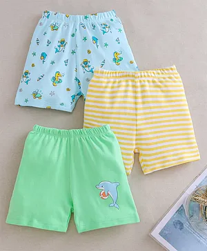 Babyoye Knit Short Length Striped & Dolphin Printed Shorts Pack Of 3 - Green Blue & Yellow