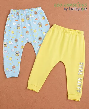 Babyoye Full Length Diaper Leggings Sun & Text Print Pack Of 2 - Yellow Blue