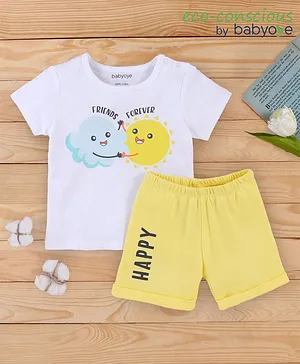 Babyoye Half Sleeves Tee With Shorts Placement Print - White Yellow