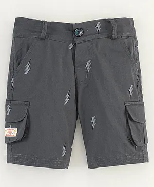 Rikidoos Thunder Bolt Printed Button Down Shorts With Side Pockets - Grey