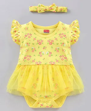 Babyhug 100% Cotton Flutter Sleeves Onesie With Headband Floral Print & Net Detailing - Yellow