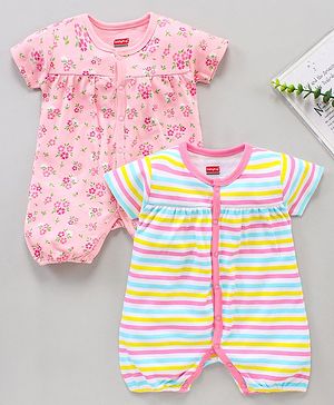 Babyhug 100% Cotton Half Sleeves Romper Pack of 2 - Pink White