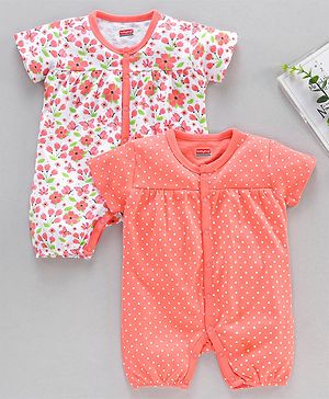 Babyhug 100% Cotton Half Sleeves Cotton Romper Floral Print Pack of 2 - Multicolor