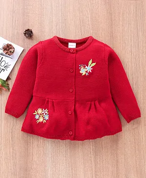 Babyhug Full Sleeves Sweater Flower Embroidery- Red