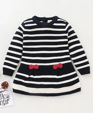 Babyhug 3/4th Sleeves Striped Woolen Dress With Bow Applique- Navy