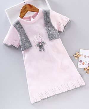 Babyhug Three Fourth Sleeves Color Block Woollen Dress With Bow Applique - Pink