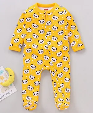 Babyhug Full Sleeves Footed Sleep Suit Panda Print -  Yellow