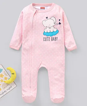 Babyhug Full Sleeves Cotton Sleep Suit Elephant Print -  Pink