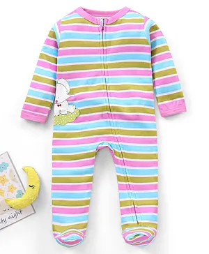 Babyhug Full Sleeves Cotton Sleep Suit Striped and Elephant Print -  Pink