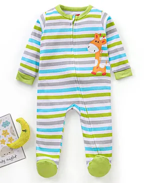 Babyhug Full Sleeves Cotton Sleep Suit Striped and Giraffe Print -  Green Blue