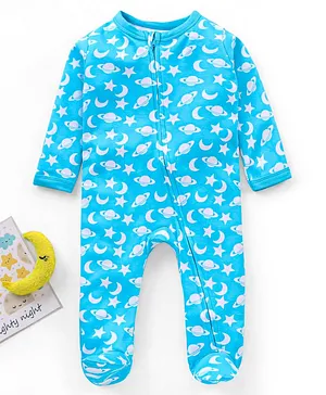 Babyhug Full Sleeves Cotton Sleep Suit Planets Print - Blue