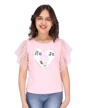 Cutecumber Half Sleeves Heart Shaped Sequin Patch Embellished Top - Pink