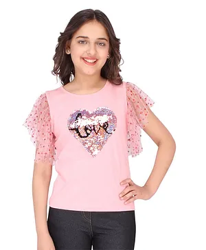 Cutecumber Half Sleeves Heart Shaped Sequin Patch Embellished Top - Peach
