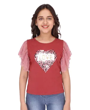Cutecumber Half Sleeves Heart Shaped Sequin Patch Embellished Top - Rust Red