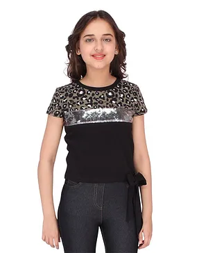 Cutecumber Half Sleeves Leopard Print And Sequin Tape Embellished Crop Top - Black