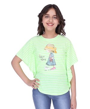 Cutecumber Half Sleeves Striped And Girl Print Top - Green