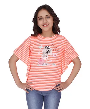 Cutecumber Half Sleeves Striped And Girl Print Top - Orange