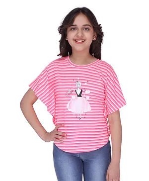 Cutecumber Half Sleeves Striped And Girl Printed Top - Pink