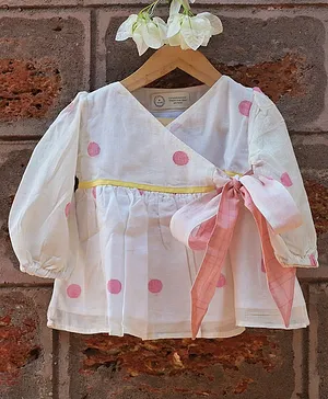 Love the World Today Full Sleeves Hand Woven Polka Dotted Bow Design Top - White