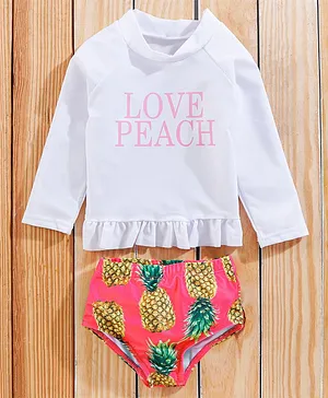 KIDLINGSS Full Sleeves 2-Piece Frill Pattern Swimsuit - White & Pink