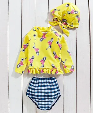 KIDLINGSS Full Sleeves 2-Piece Printed Frill Pattern Swimsuit - Yellow