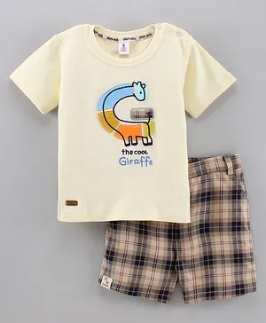 Little Folks Half Sleeves Tee & Shorts Giraffe Printed - Beige