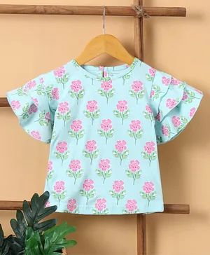 Earthy Touch Cotton Half Sleeves Top Floral Print - Turquoise Blue