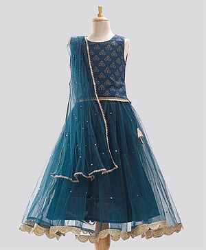 Pine Kids Half Sleeves Embroidered Choli with Lehenga and Dupatta - Blue
